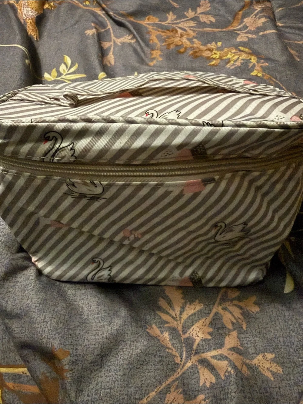 Striped Swan Cosmetic Pouch in Gray and Pink